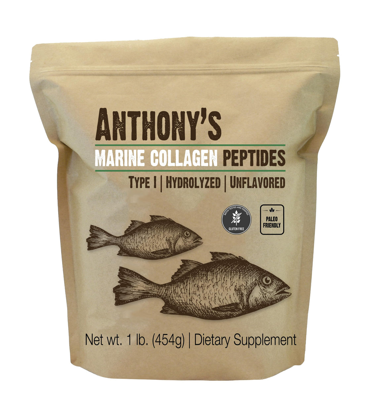 Collagène marin hydrolysé Anthony's 490g devant un fond neutre