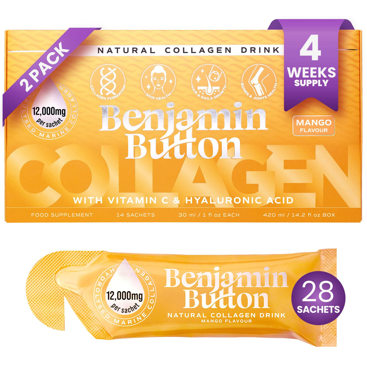 Collagène marin liquide Benjamin Button 12 000mg flacon avant