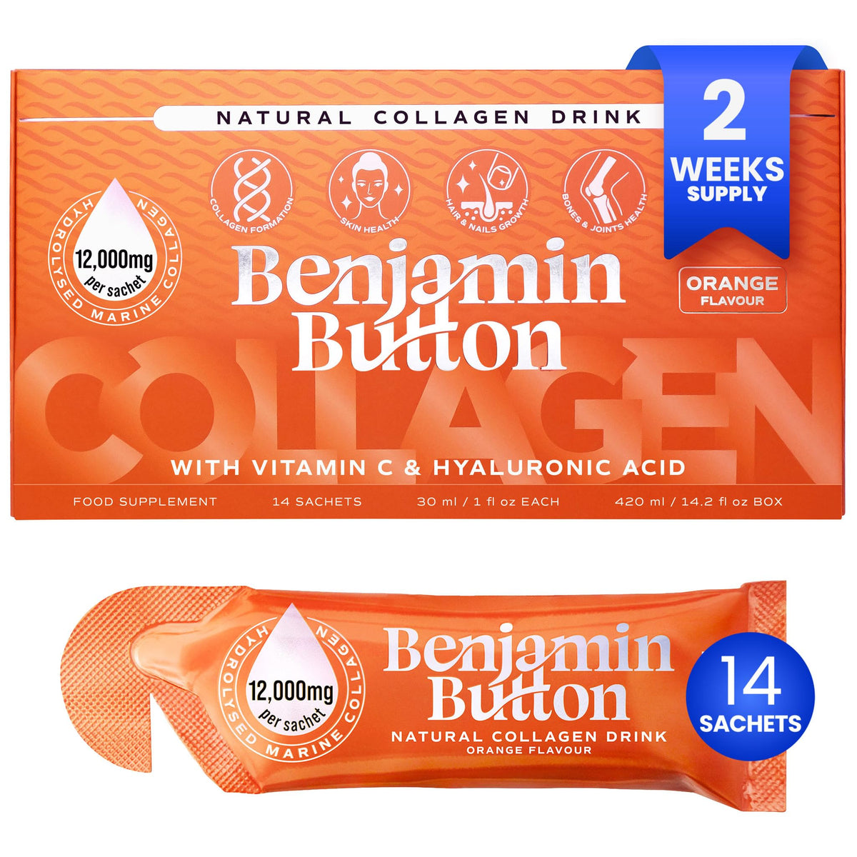 Collagène marin liquide Benjamin Button 12 000mg sachet orange face
