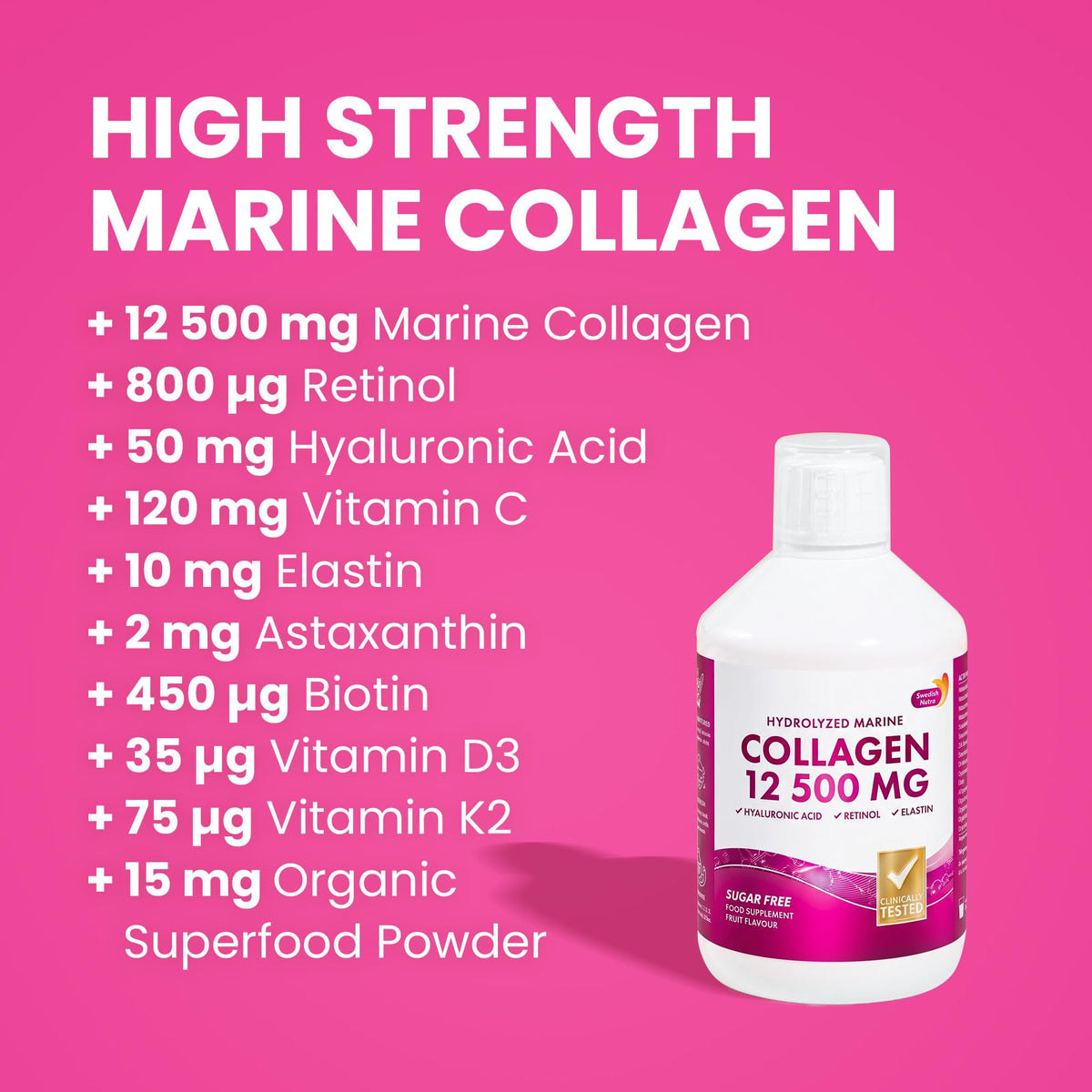 Collagène marin Swedish Nutra avec étiquette et informations nutritionnelles