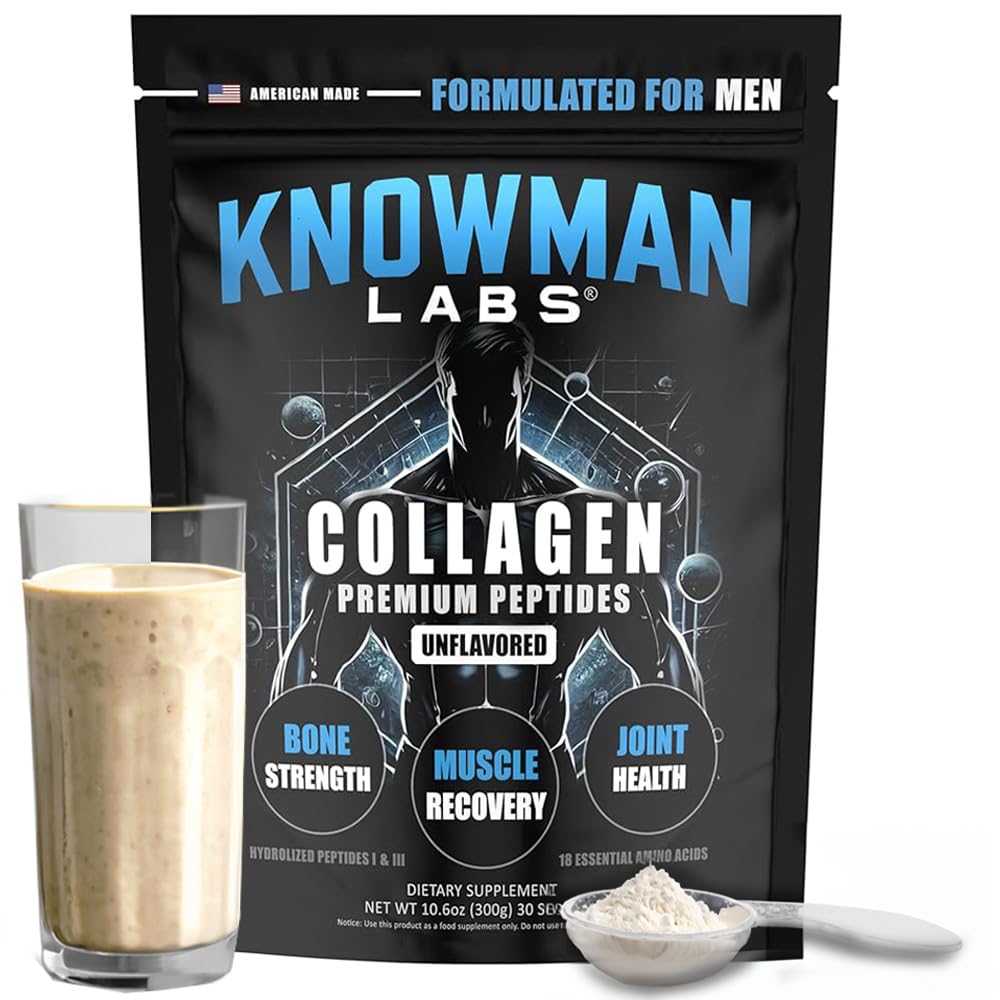 Collagène Premium Knowman Labs pour hommes 331g devant une vue de la boîte