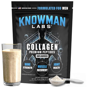 Collagène Premium Knowman Labs pour hommes 331g devant une vue de la boîte