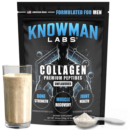 Collagène Premium Knowman Labs pour hommes 331g devant une vue de la boîte