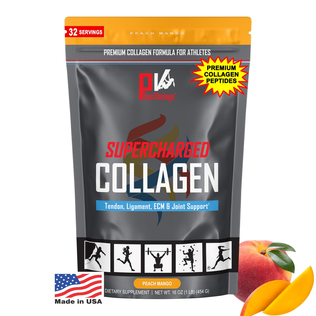 Collagène Supercharged PhysiVantage en poudre 481g saveur Pêche Mangue