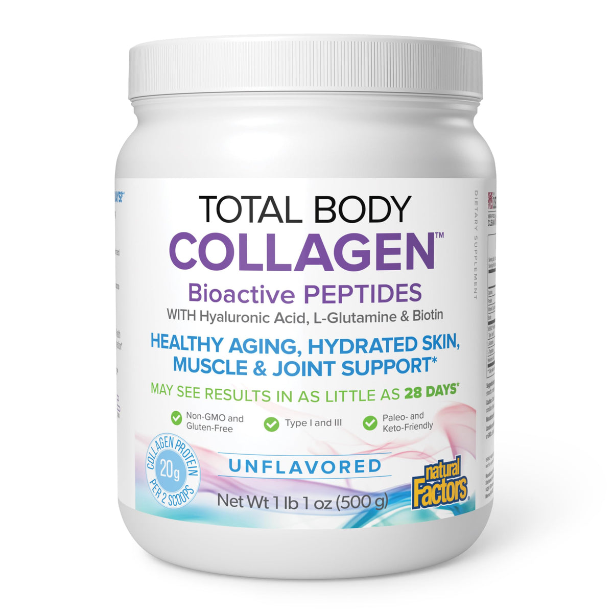 Collagène Total Corps Natural Factors 500 g poudre non aromatisée vue de face