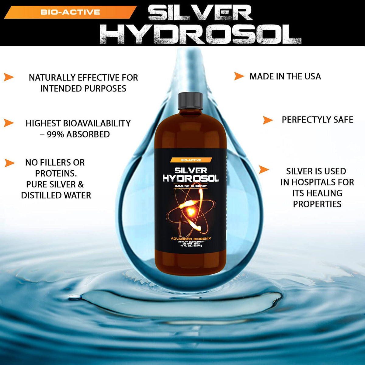 Colloidal Silver Advanced Bionetix avec étiquette et détails du produit