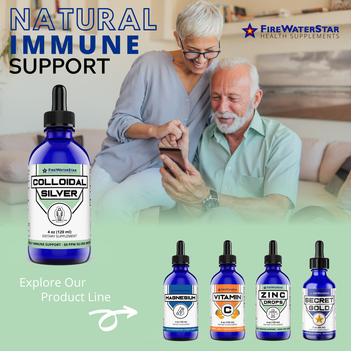 Colloidal Silver FIREWATERSTAR avec des gouttes visibles