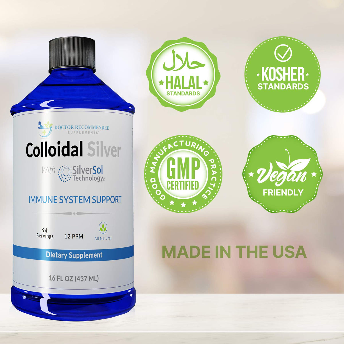 Colloidal Silver Liquid 12 PPM à côté d'un verre d'eau