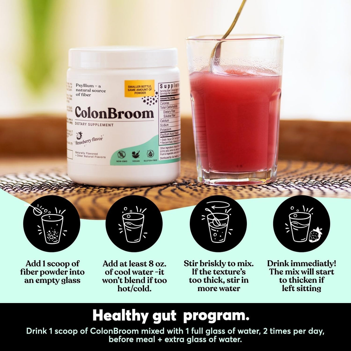 ColonBroom Poudre de Psyllium 748g Fraise en usage