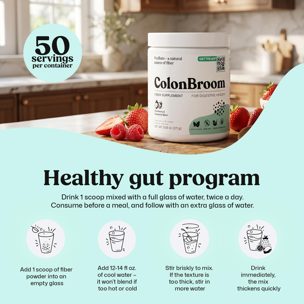 ColonBroom Poudre de Psyllium Fraise 345g en verre