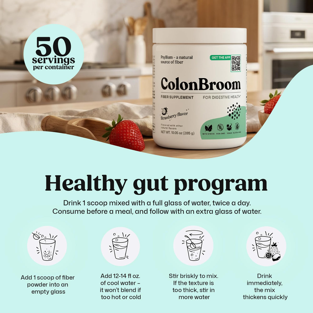 ColonBroom Poudre de Psyllium Fraise 358g - mise en scène sur une table