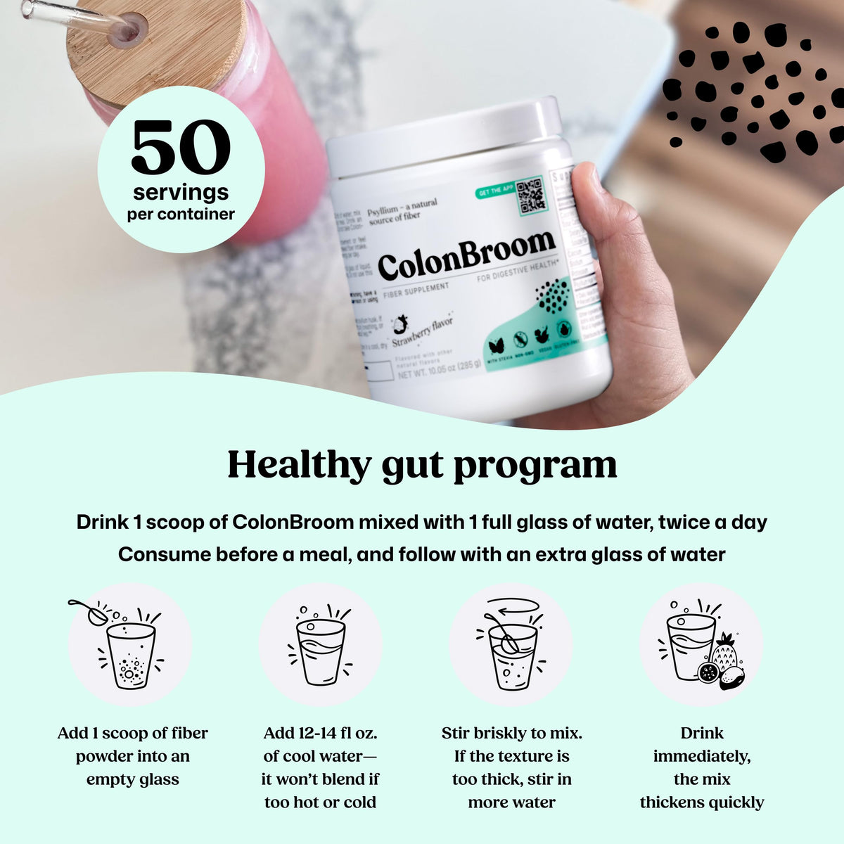 ColonBroom Poudre de Psyllium Fraise 740g en préparation