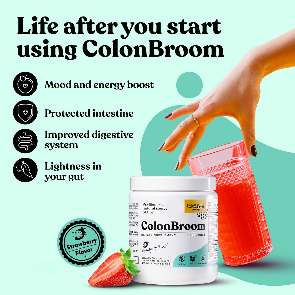 ColonBroom Poudre de Psyllium Fraise dans un verre d'eau