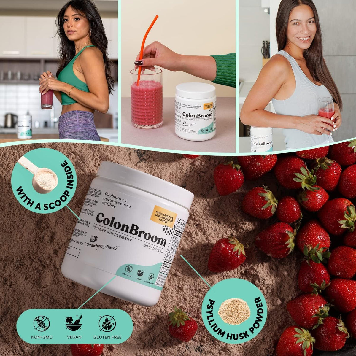 ColonBroom Poudre de Psyllium Fraise sur une table
