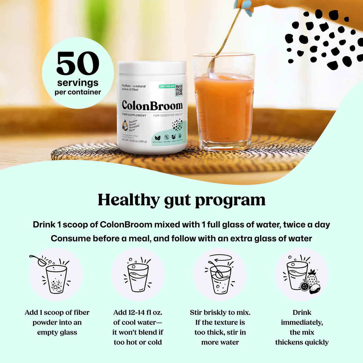 ColonBroom poudre de psyllium fruits tropicaux, utilisation en extérieur