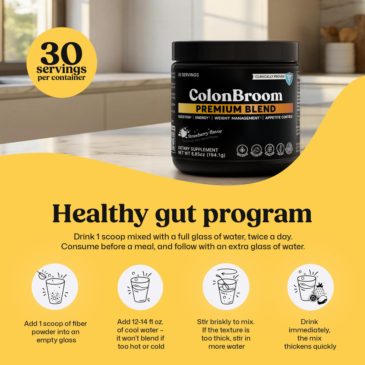 ColonBroom Poudre de Psyllium Premium Saveur Fraise 30 Portions en usage