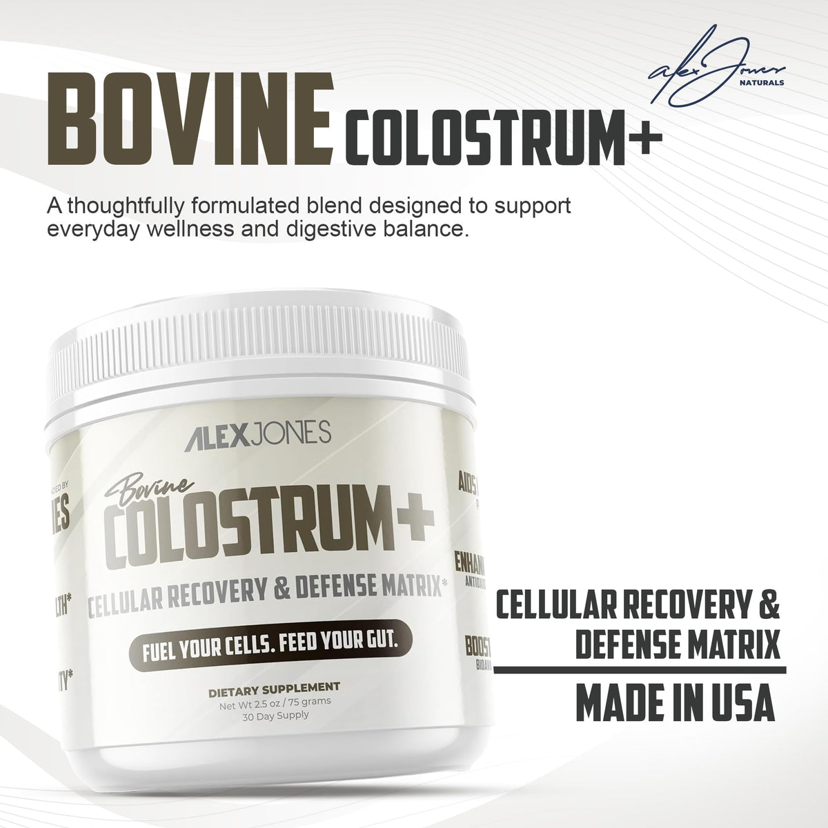 Colostrum+ Alex Jones Naturals 132g sur une table en bois