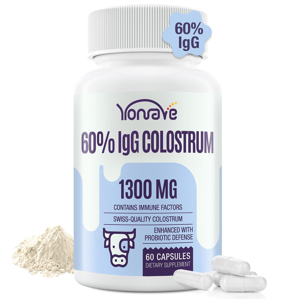 Colostrum bovin Yonrave 1300mg capsules front view
