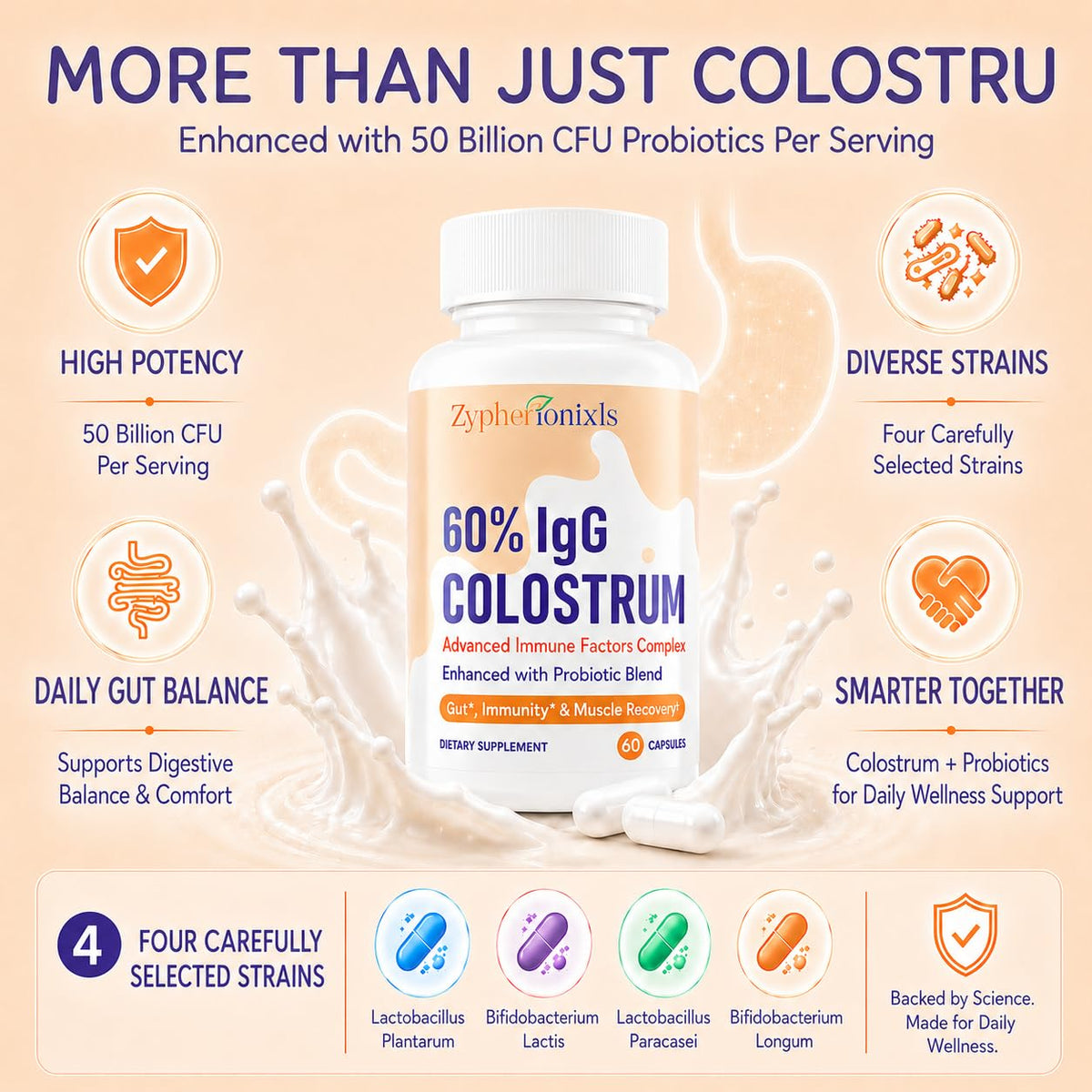 Colostrum bovin Zypherionixls avec des ingrédients naturels en arrière-plan