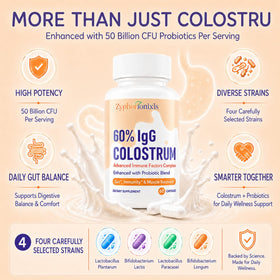 Colostrum bovin Zypherionixls avec des ingrédients naturels en arrière-plan