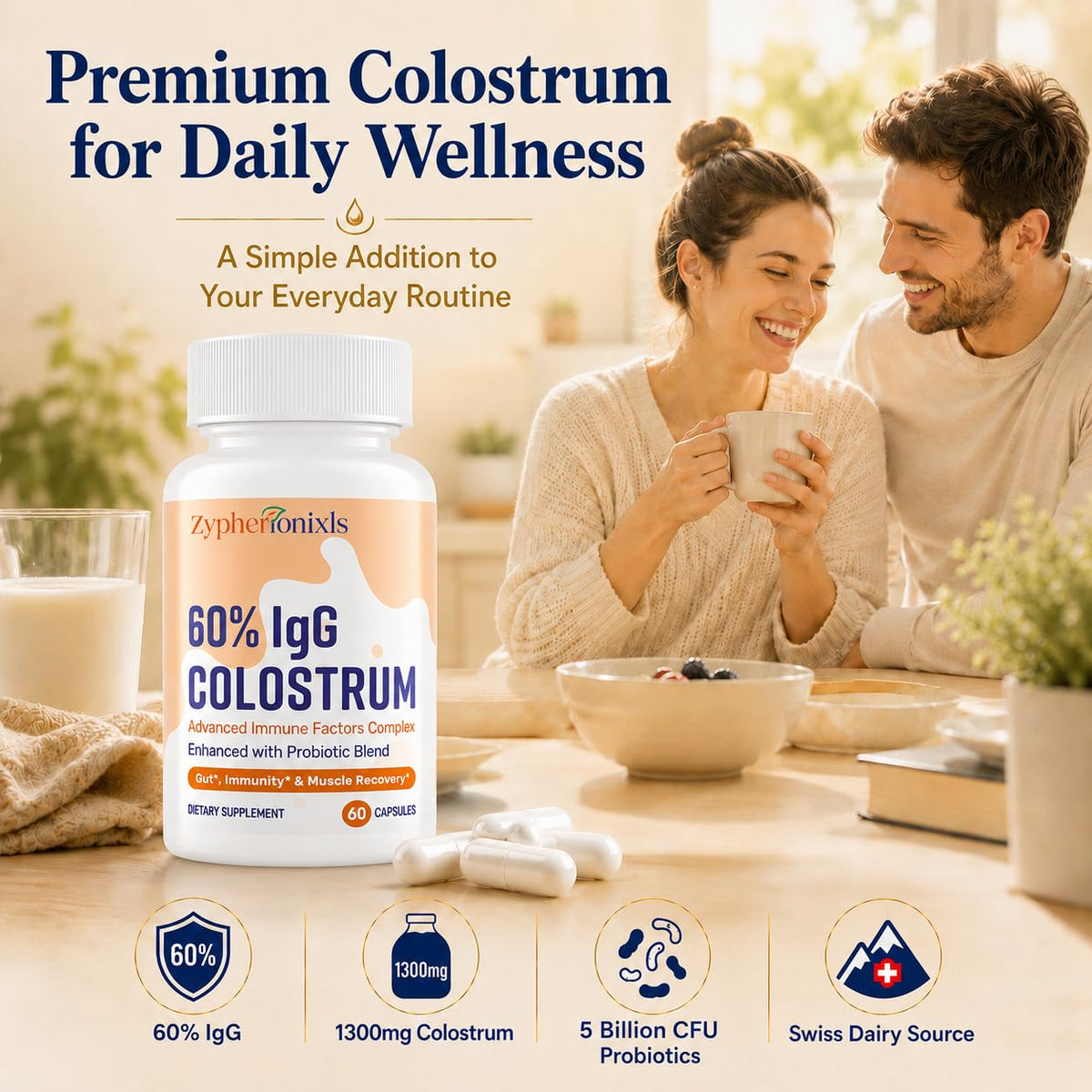 Colostrum bovin Zypherionixls avec étiquette détaillant les ingrédients