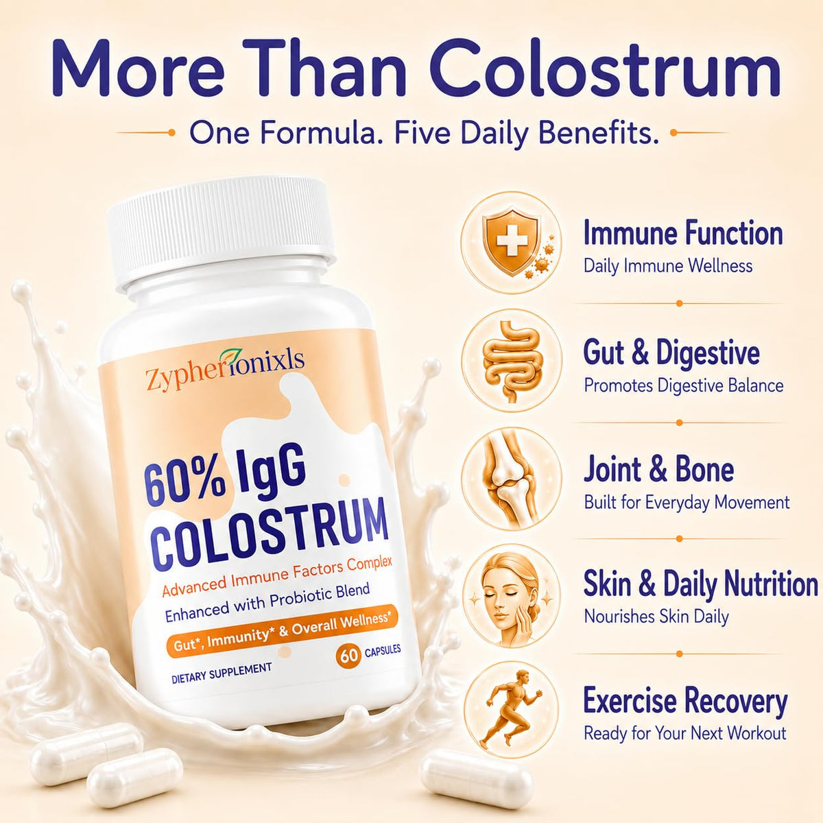 Colostrum bovin Zypherionixls sur une surface en bois