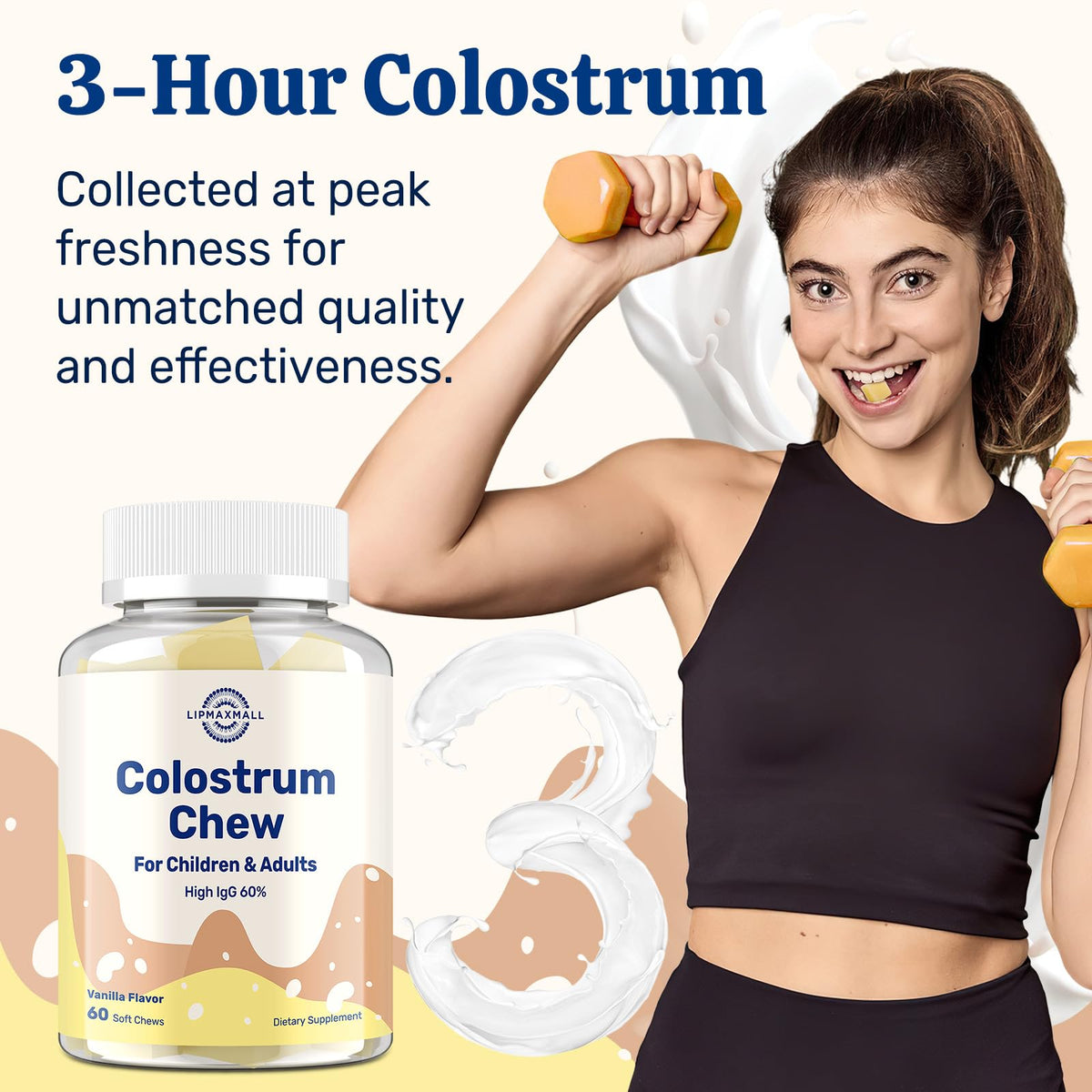 Colostrum Chews lipmaxmall avec une main tenant un chew