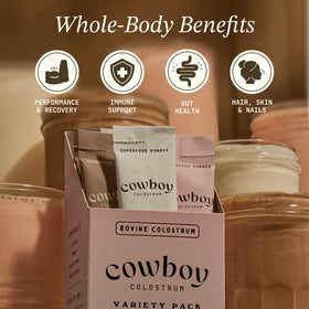 Colostrum Cowboy en poudre mélangé dans un verre d'eau