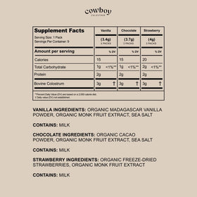 Colostrum Cowboy en poudre, sachets individuels sur une table