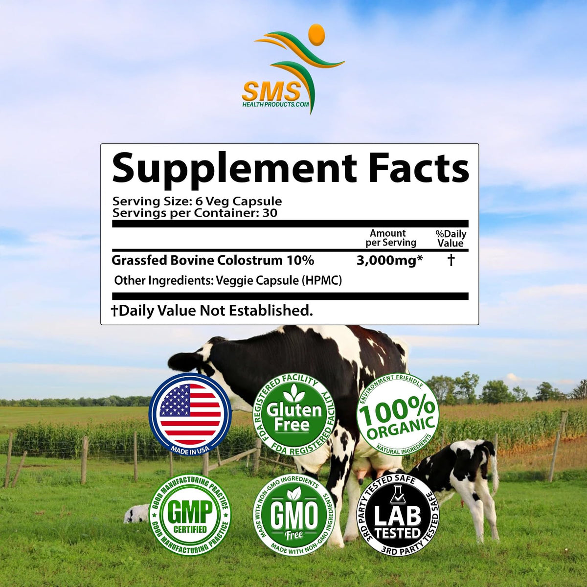 Colostrum de bœuf 3000 mg, capsules sur fond blanc