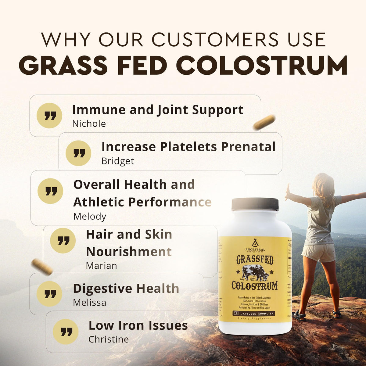 Colostrum de bœuf Ancestral Supplements sur une table en bois