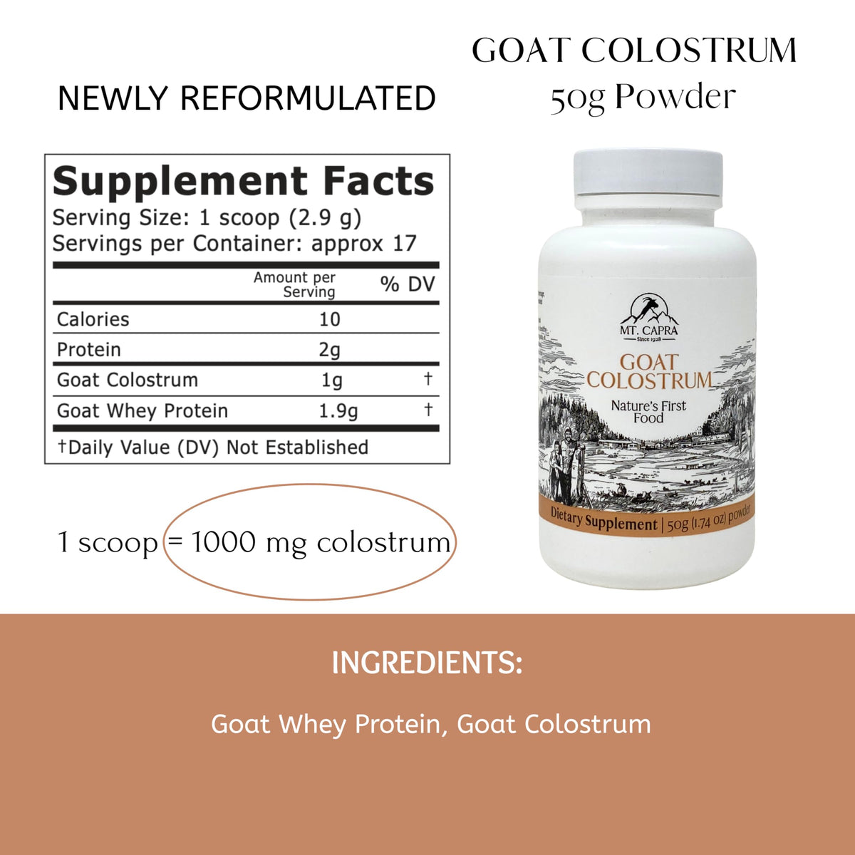 Colostrum de chèvre Mt. Capra 1000 mg 50g emballage