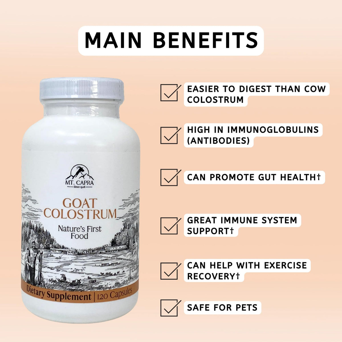 Colostrum de Chèvre Mt. Capra, capsules sur une surface blanche