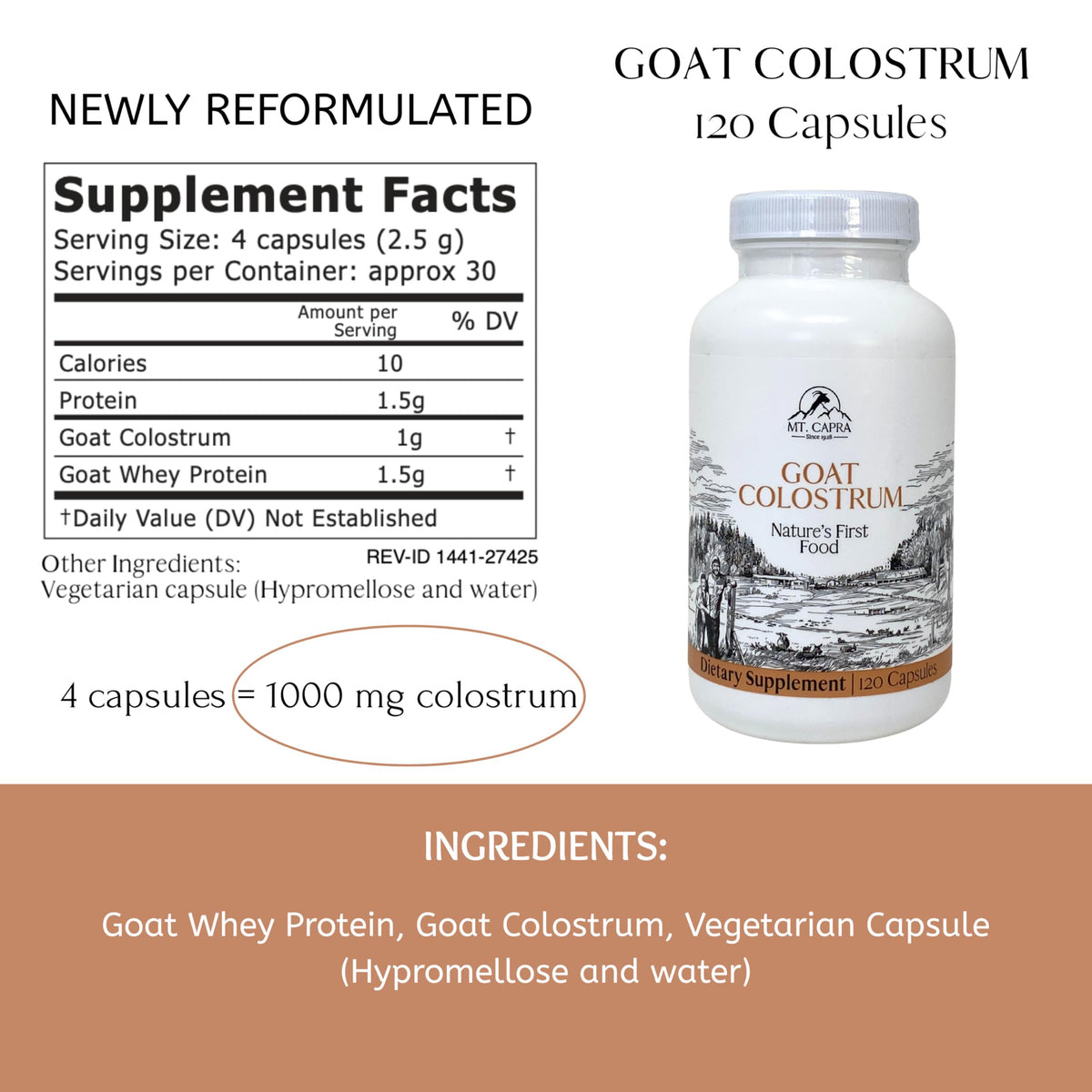 Colostrum de Chèvre Mt. Capra, flacon ouvert montrant les capsules
