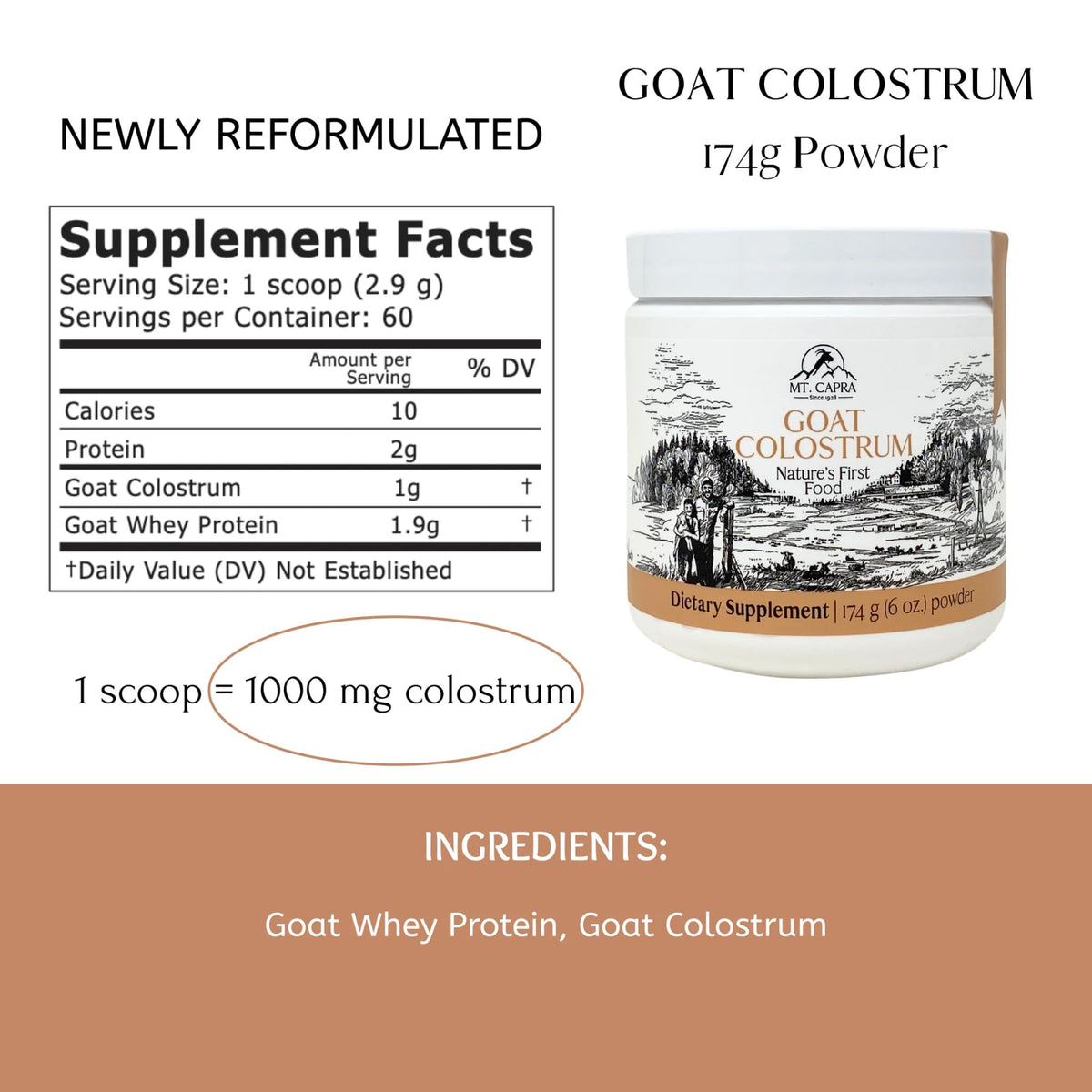 Colostrum de chèvre Mt. Capra, vue latérale de l'emballage