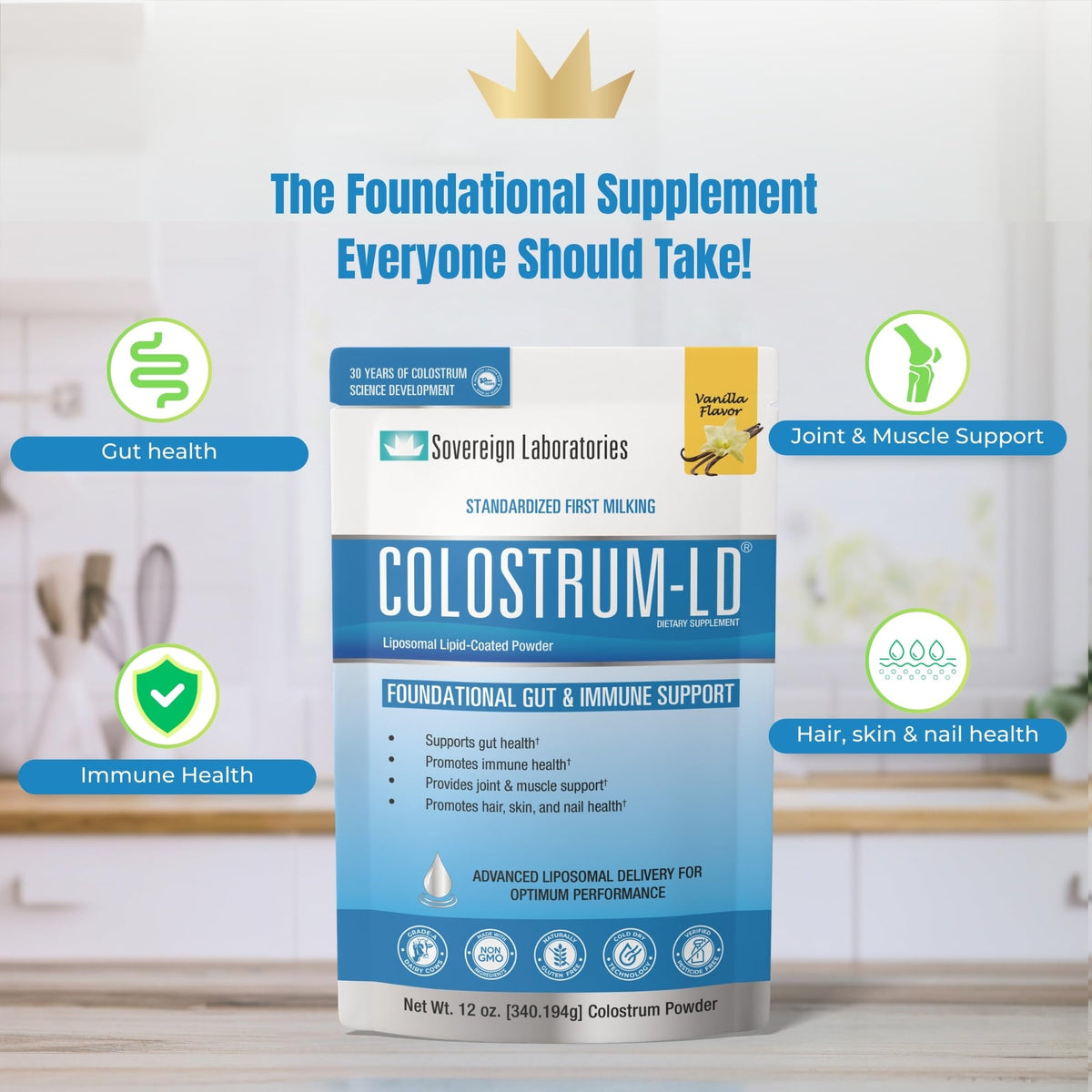Colostrum-LD Poudre de Colostrum Liposomal 12oz Vanille avec cuillère doseuse