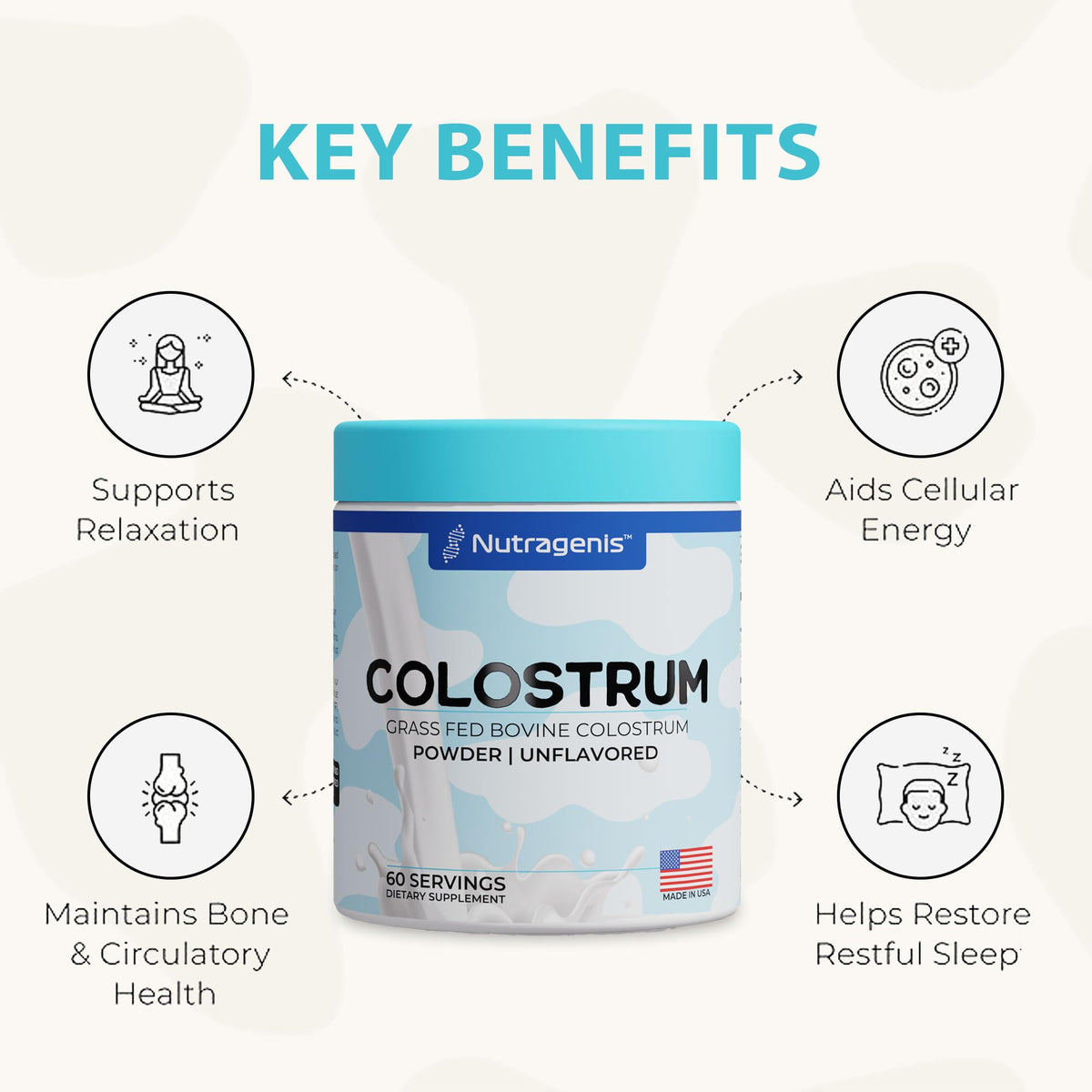 Colostrum™ Premium Poudre Nutragenis 91g sur une table avec des ingrédients