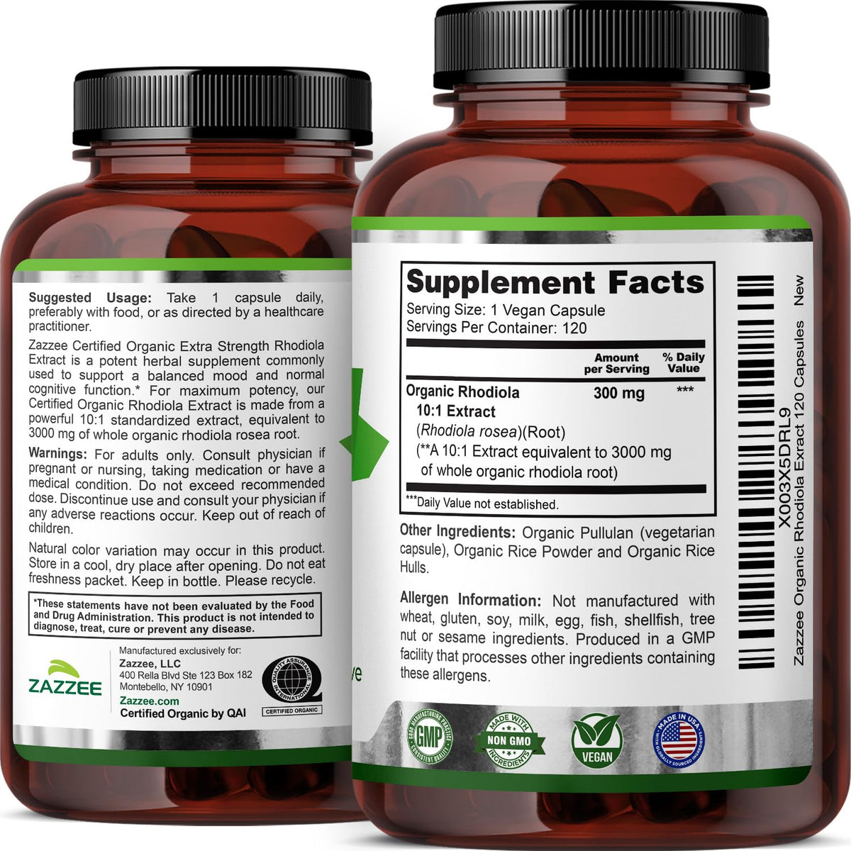 Comparaison de taille entre capsules de Zazzee Extrait de Rhodiola Bio et une pièce de monnaie