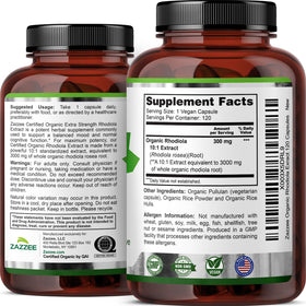 Comparaison de taille entre capsules de Zazzee Extrait de Rhodiola Bio et une pièce de monnaie