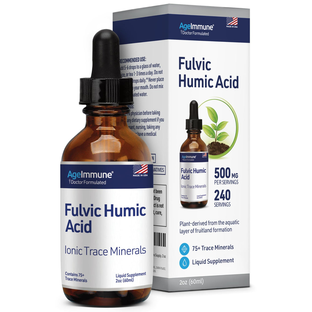 Complément AgeImmune Acide Fulvique et Humique 500 mg, bouteille frontale