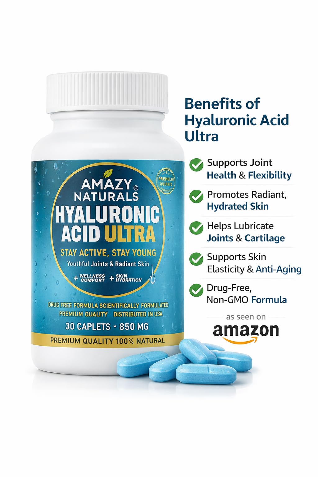 Complément alimentaire Acide Hyaluronique 860mg d'Amazy Naturals sur fond blanc