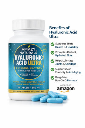 Complément alimentaire Acide Hyaluronique 860mg d'Amazy Naturals sur fond blanc