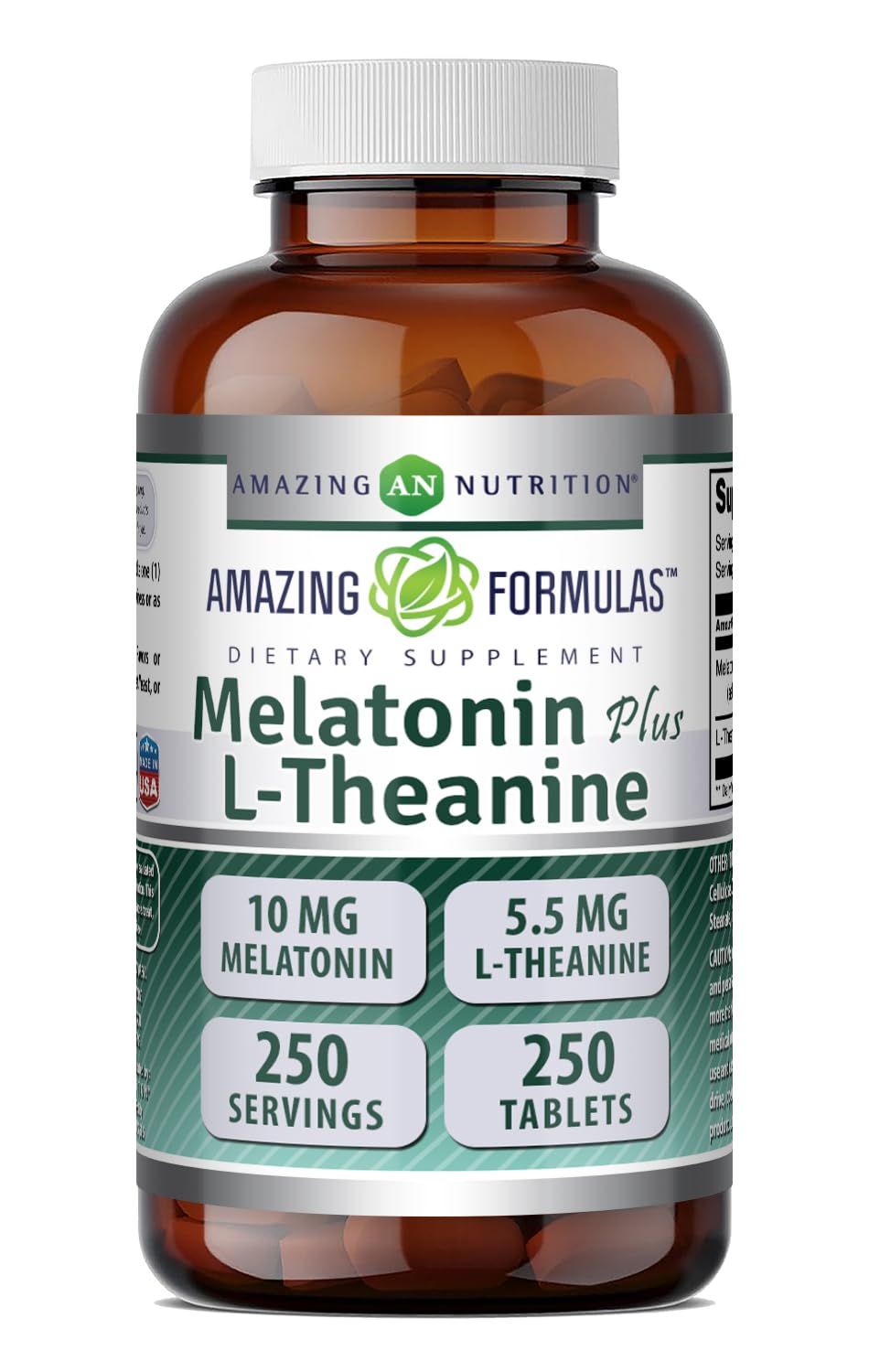 Complément alimentaire Amazing Nutrition Melatonine 10 Mg L-Théanine 250 Tablettes, vue de face