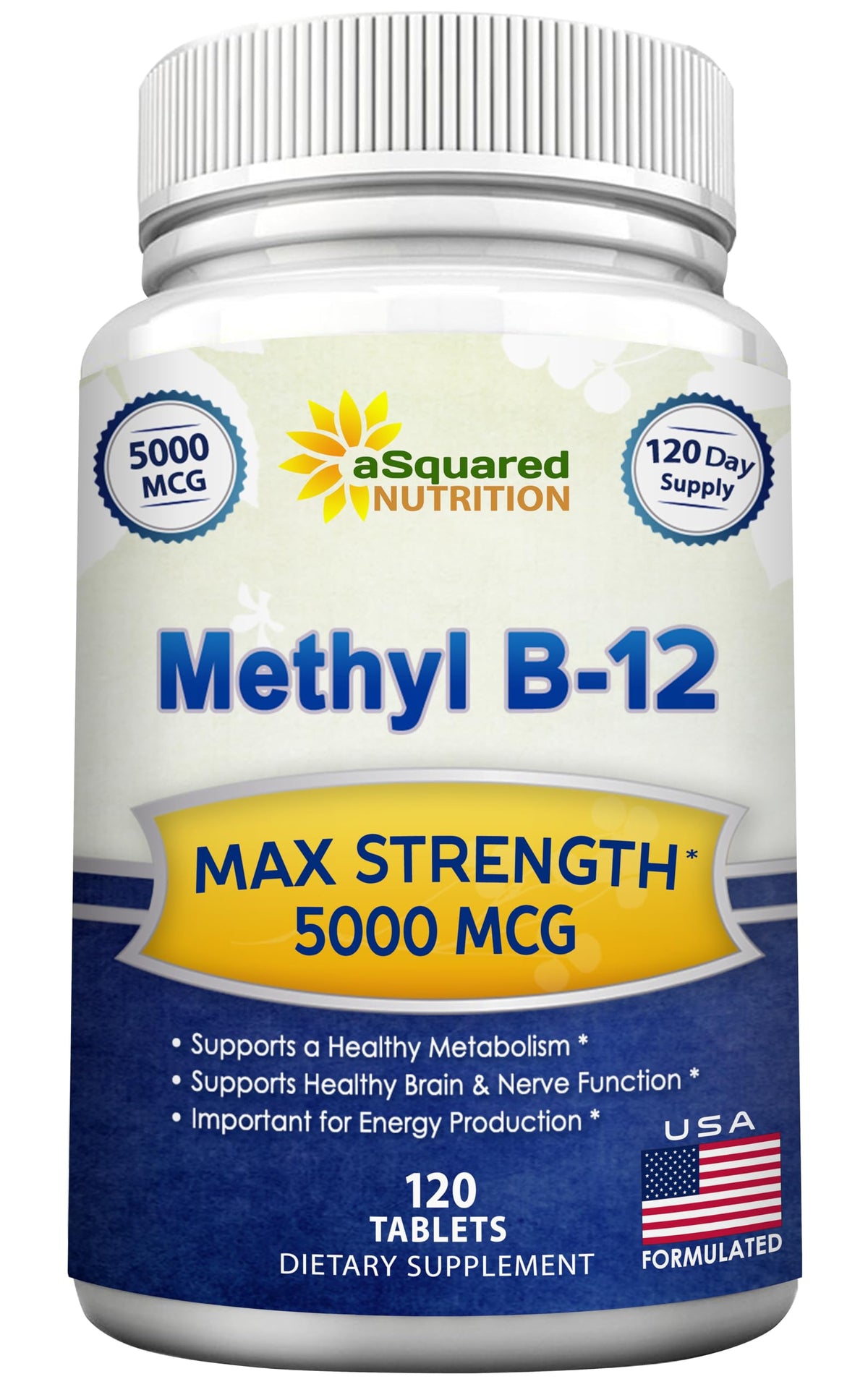 Complément alimentaire aSquared Nutrition B12 5000 MCG - 120 tablettes en boîte