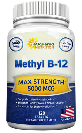 Complément alimentaire aSquared Nutrition B12 5000 MCG - 120 tablettes en boîte