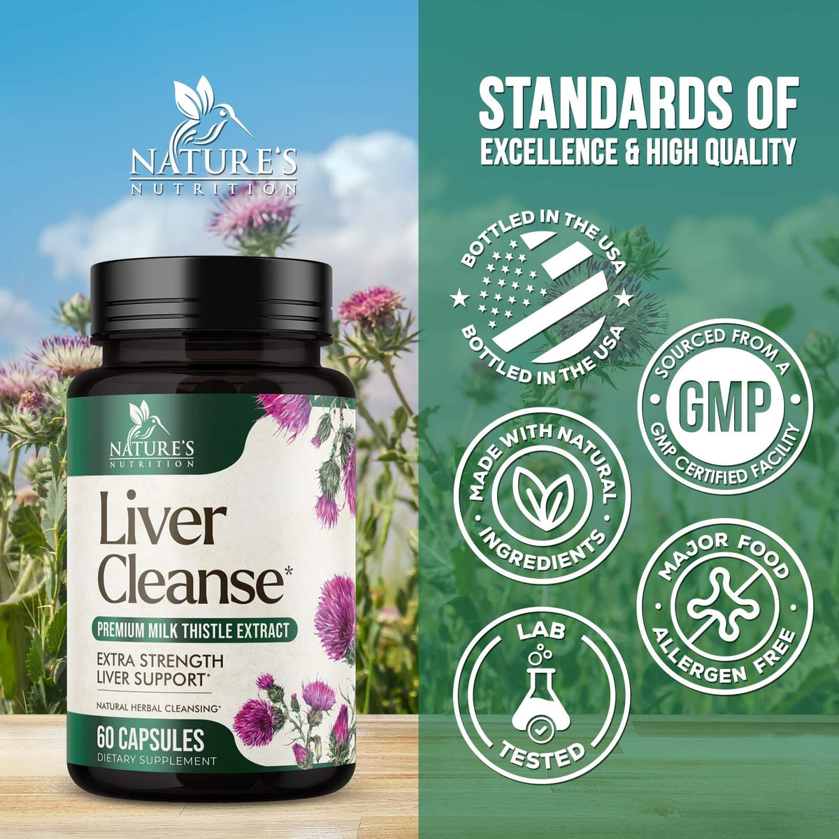 Complément alimentaire au chardon-Marie Nature's Nutrition avec ingrédients naturels en arrière-plan