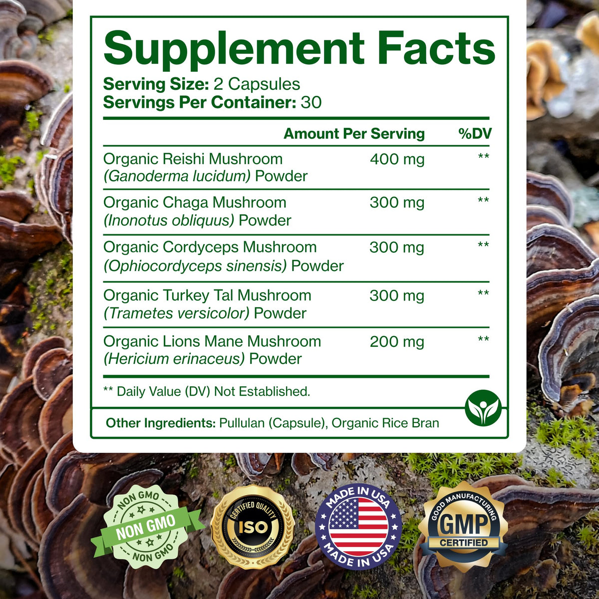 Complément alimentaire aux champignons Pure Micronutrients avec ingrédients sur l'emballage