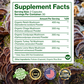 Complément alimentaire aux champignons Pure Micronutrients avec ingrédients sur l'emballage