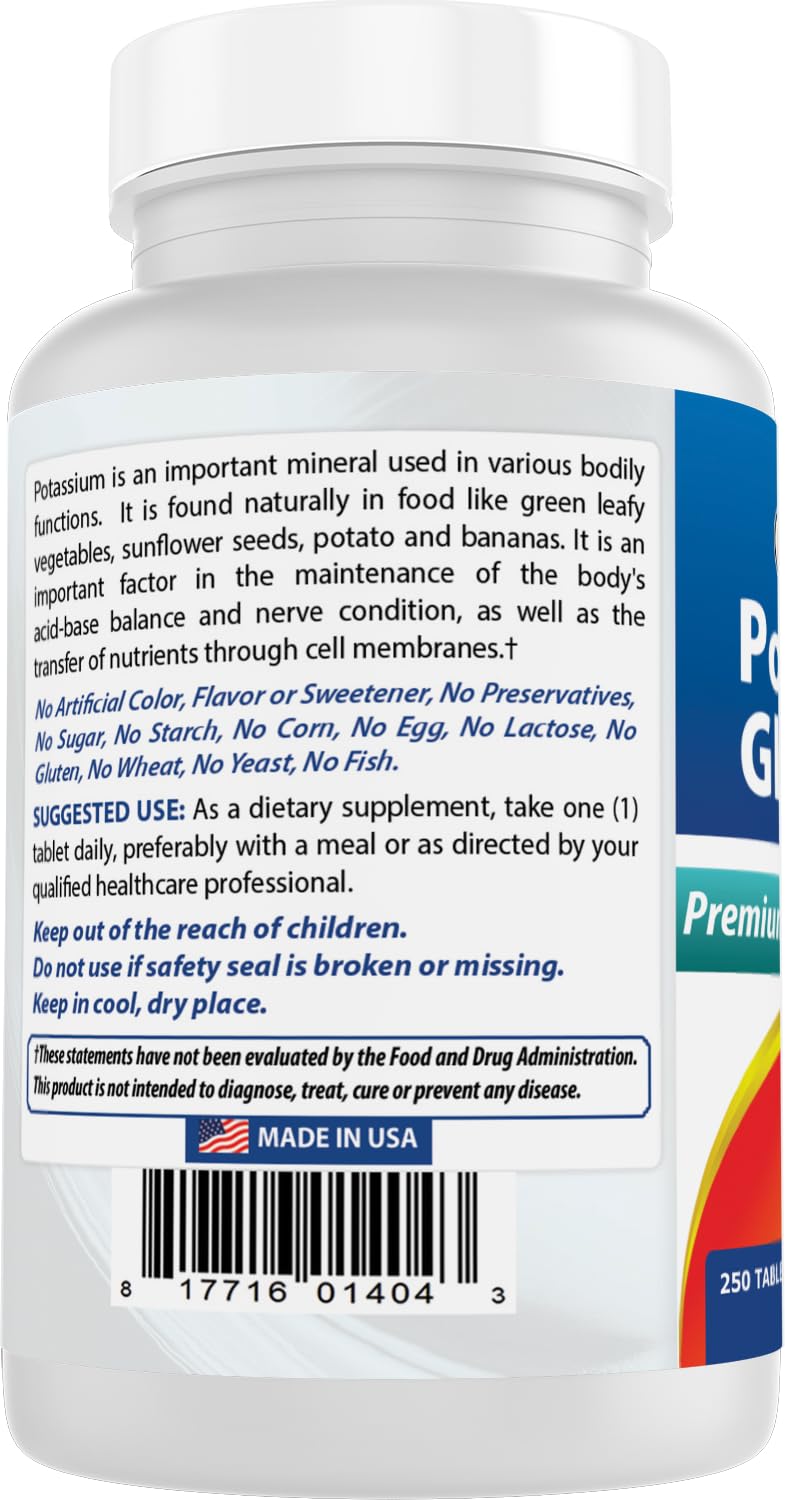 Complément alimentaire Best Naturals Potassium Gluconate 595 mg avec une cuillère