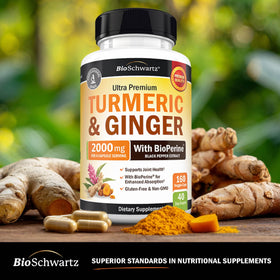 Complément alimentaire BioSchwartz curcuma et gingembre sur une table